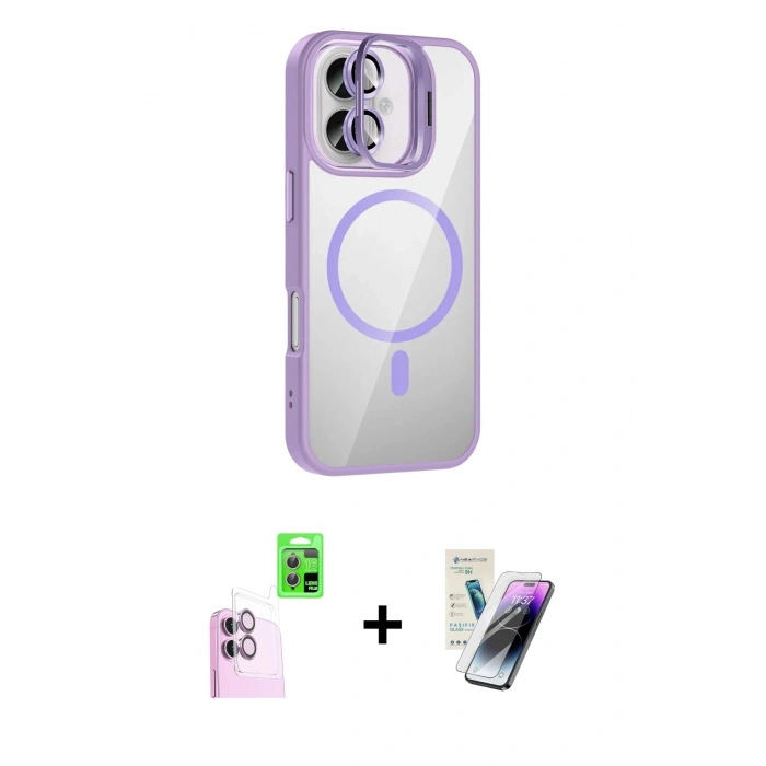 MARSİLYAN™- iPhone 16 Kılıf Yadigar Asil Koleksiyonu - Şeffaf Pasifik Cam Ekran Koruyucu + Pembe Raze Metal Kamera Lens