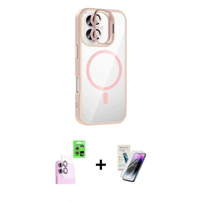 MARSİLYAN™- iPhone 16 Kılıf Yadigar Asil Koleksiyonu - Şeffaf Pasifik Cam Ekran Koruyucu + Pembe Raze Metal Kamera Lens