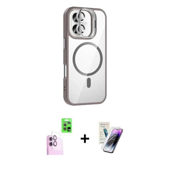 MARSİLYAN™- iPhone 16 Kılıf Yadigar Asil Koleksiyonu - Şeffaf Pasifik Cam Ekran Koruyucu + Pembe Raze Metal Kamera Lens