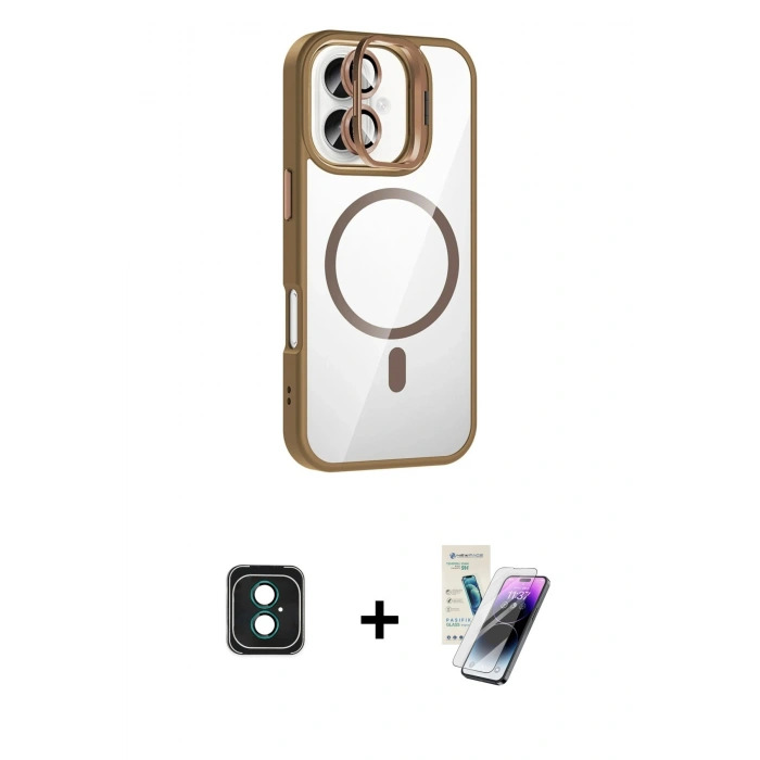 MARSİLYAN™- iPhone 16 Kılıf Yadigar Asil Koleksiyonu - Şeffaf Pasifik Cam Ekran Koruyucu + PVD Metal Kamera Lens - YL