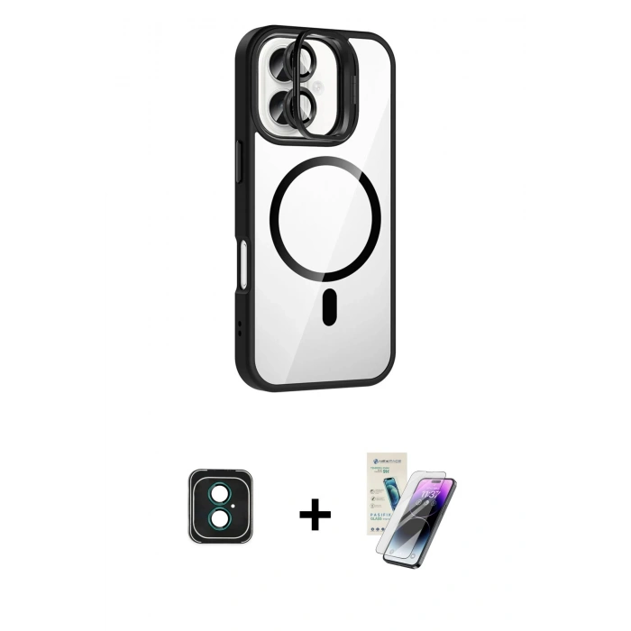 MARSİLYAN™- iPhone 16 Kılıf Yadigar Asil Koleksiyonu - Şeffaf Pasifik Cam Ekran Koruyucu + PVD Metal Kamera Lens - YL