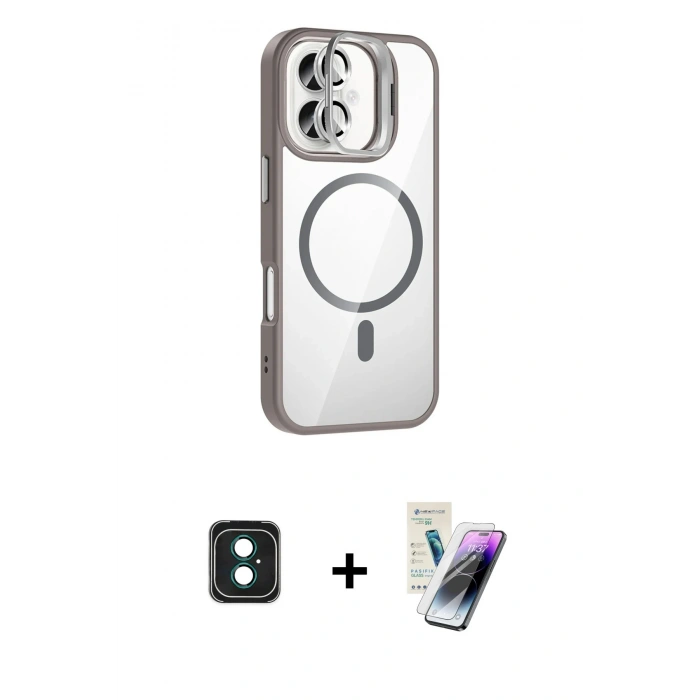 MARSİLYAN™- iPhone 16 Kılıf Yadigar Asil Koleksiyonu - Şeffaf Pasifik Cam Ekran Koruyucu + PVD Metal Kamera Lens - YL