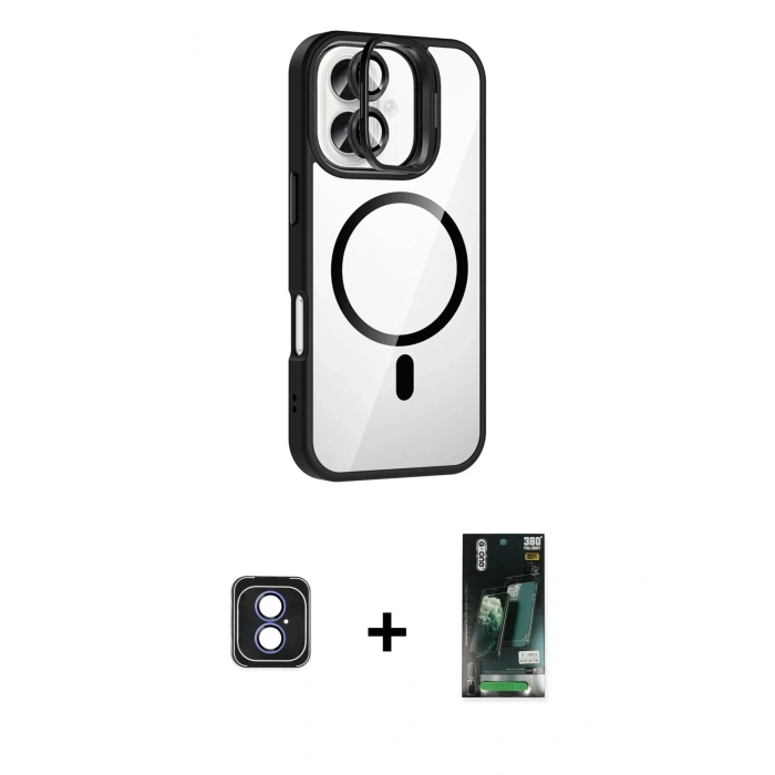 MARSİLYAN™- iPhone 16 Kılıf Yadigar Asil Koleksiyonu - Siyah 360 Mat Full Body Arka Koruyucu + PVD Metal Kamera Lens - MI