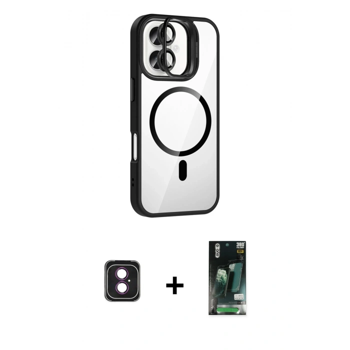 MARSİLYAN™- iPhone 16 Kılıf Yadigar Asil Koleksiyonu - Siyah 360 Mat Full Body Arka Koruyucu + PVD Metal Kamera Lens - PE