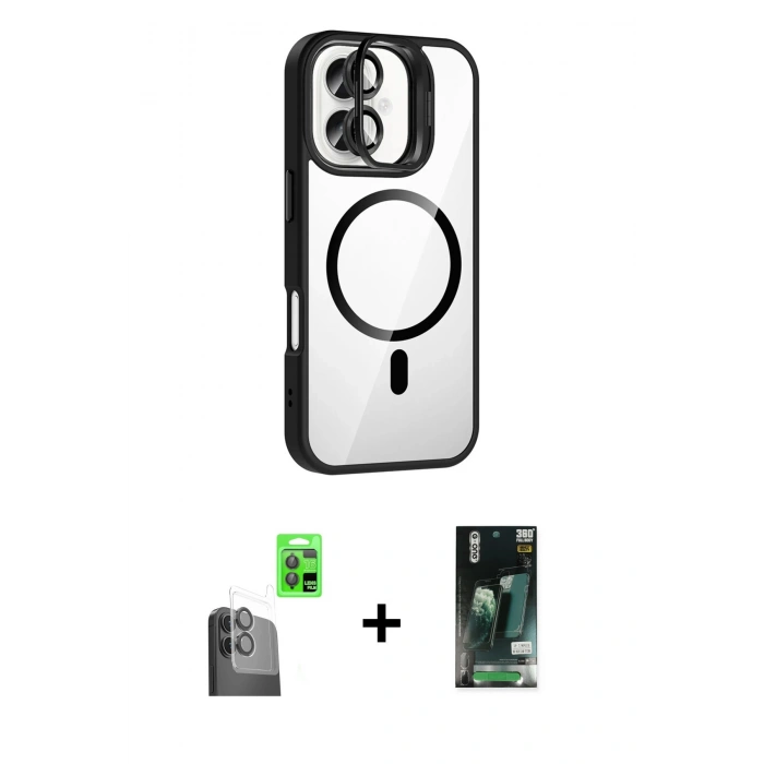 MARSİLYAN™- iPhone 16 Kılıf Yadigar Asil Koleksiyonu - Siyah 360 Mat Full Body Arka Koruyucu + Raze Metal Kamera Lens - SH