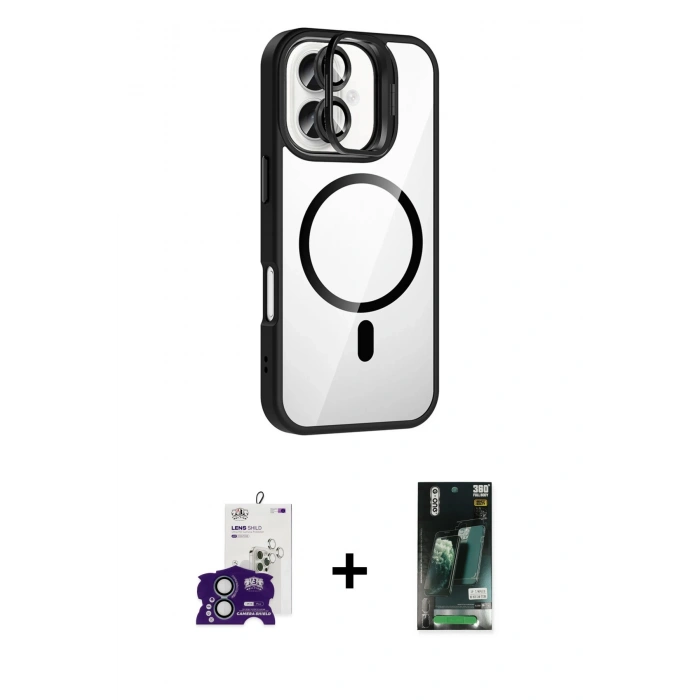 MARSİLYAN™- iPhone 16 Kılıf Yadigar Asil Koleksiyonu - Siyah 360 Mat Full Body Arka Koruyucu + Bilvis Titan Kamera Lens - YL