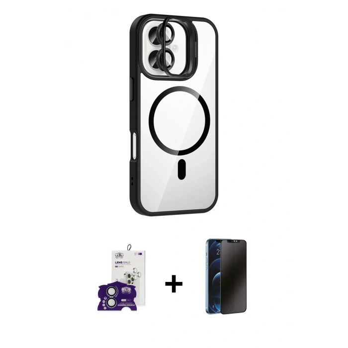 MARSİLYAN™- iPhone 16 Kılıf Yadigar Asil Koleksiyonu - Siyah 3D Antistatik Hayalet Cam Ekran Koruyucu + Bilvis Titan Kamera Lens - YL