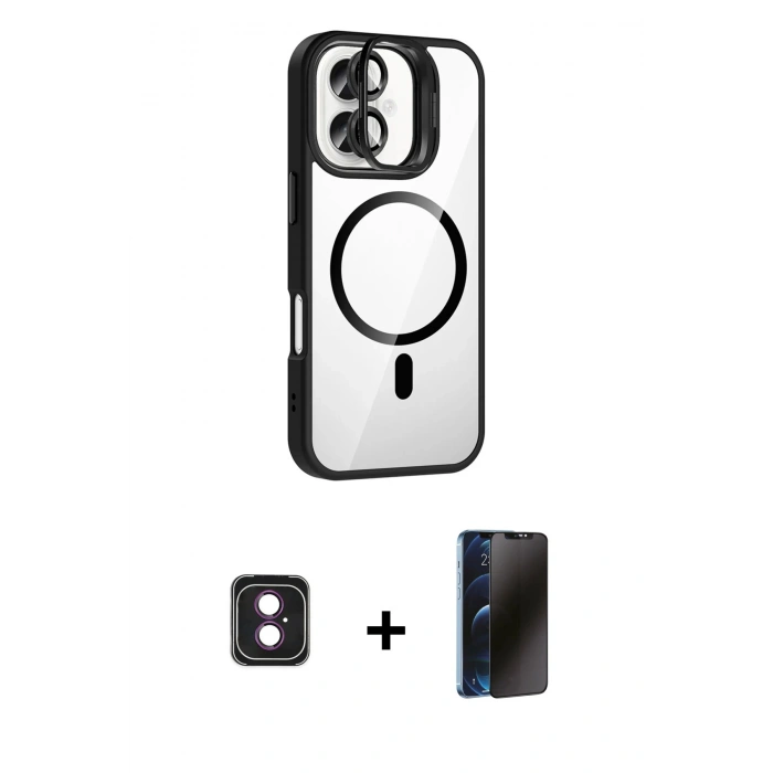 MARSİLYAN™- iPhone 16 Kılıf Yadigar Asil Koleksiyonu - Siyah 3D Antistatik Hayalet Cam Ekran Koruyucu + PVD Metal Kamera Lens - PE