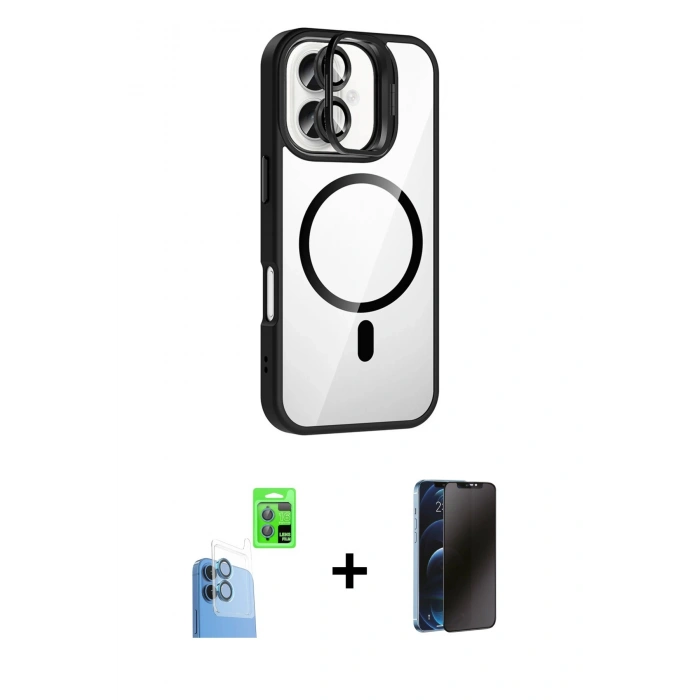 MARSİLYAN™- iPhone 16 Kılıf Yadigar Asil Koleksiyonu - Siyah 3D Antistatik Hayalet Cam Ekran Koruyucu + Raze Metal Kamera Lens - LT