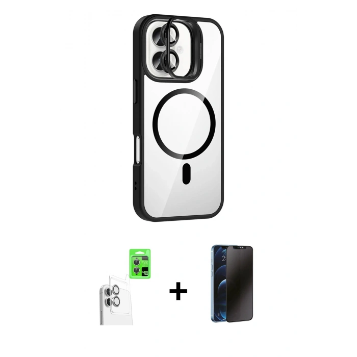 MARSİLYAN™- iPhone 16 Kılıf Yadigar Asil Koleksiyonu - Siyah 3D Antistatik Hayalet Cam Ekran Koruyucu + Raze Metal Kamera Lens - BZ