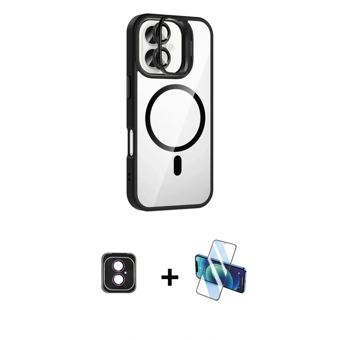 MARSİLYAN™- iPhone 16 Kılıf Yadigar Asil Koleksiyonu - Siyah 3D Antistatik Seramik Nano Ekran Koruyucu + PVD Metal Kamera Lens - PE