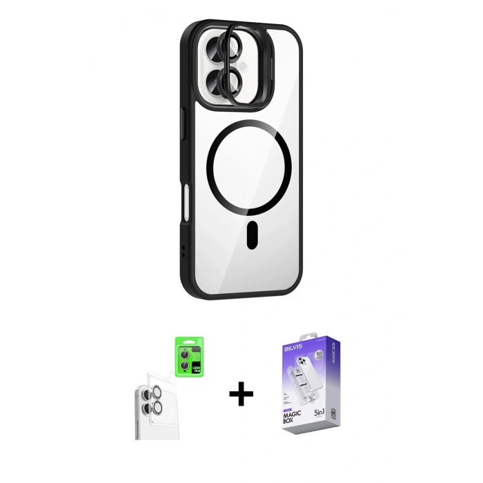 MARSİLYAN™- iPhone 16 Kılıf Yadigar Asil Koleksiyonu - Siyah Bilvis 5in1 3D Magic Cam Ekran Koruyucu + Beyaz Raze Metal Kamera Lens
