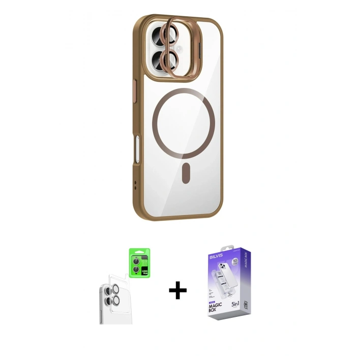 MARSİLYAN™- iPhone 16 Kılıf Yadigar Asil Koleksiyonu - Siyah Bilvis 5in1 3D Magic Cam Ekran Koruyucu + Beyaz Raze Metal Kamera Lens