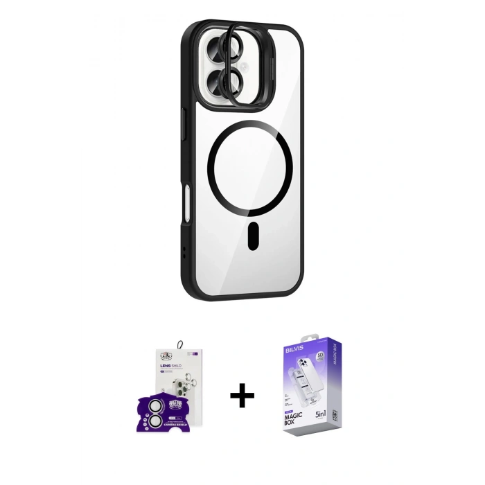 MARSİLYAN™- iPhone 16 Kılıf Yadigar Asil Koleksiyonu - Siyah Bilvis 5in1 3D Magic Cam Ekran Koruyucu + Bilvis Titan Kamera Lens - GS