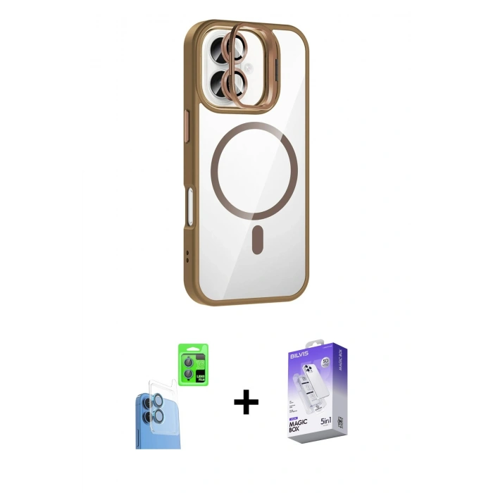 MARSİLYAN™- iPhone 16 Kılıf Yadigar Asil Koleksiyonu - Siyah Bilvis 5in1 3D Magic Cam Ekran Koruyucu + Lacivert Raze Metal Kamera Lens