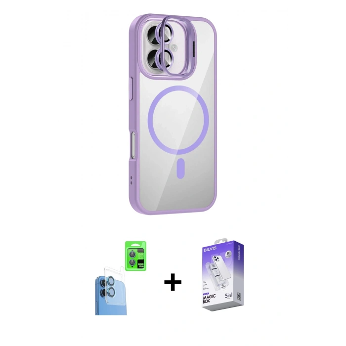 MARSİLYAN™- iPhone 16 Kılıf Yadigar Asil Koleksiyonu - Siyah Bilvis 5in1 3D Magic Cam Ekran Koruyucu + Lacivert Raze Metal Kamera Lens