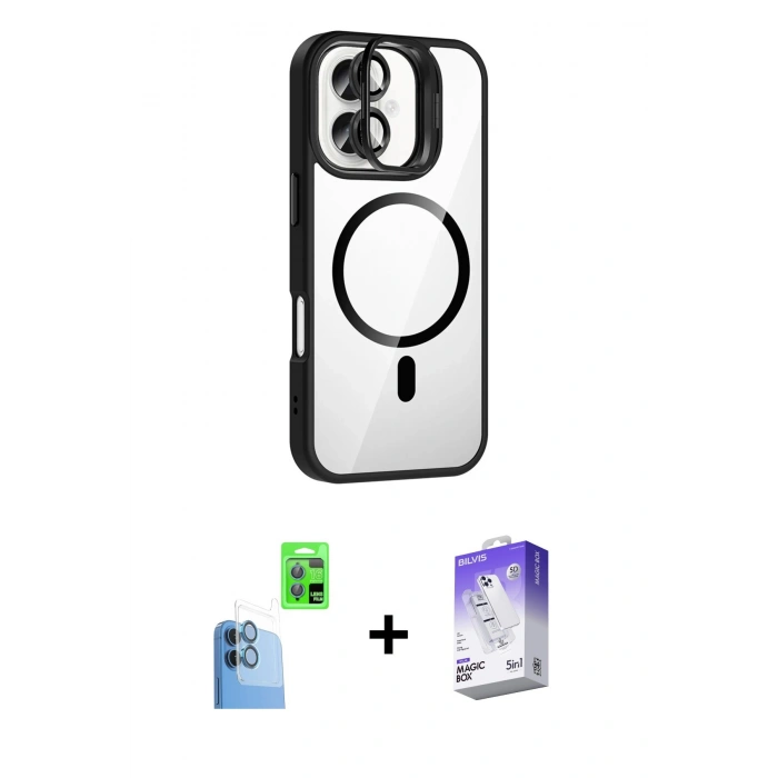 MARSİLYAN™- iPhone 16 Kılıf Yadigar Asil Koleksiyonu - Siyah Bilvis 5in1 3D Magic Cam Ekran Koruyucu + Lacivert Raze Metal Kamera Lens
