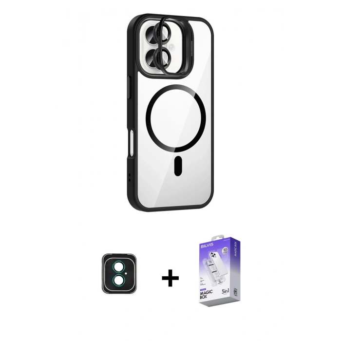 MARSİLYAN™- iPhone 16 Kılıf Yadigar Asil Koleksiyonu - Siyah Bilvis 5in1 3D Magic Cam Ekran Koruyucu + PVD Metal Kamera Lens - YL
