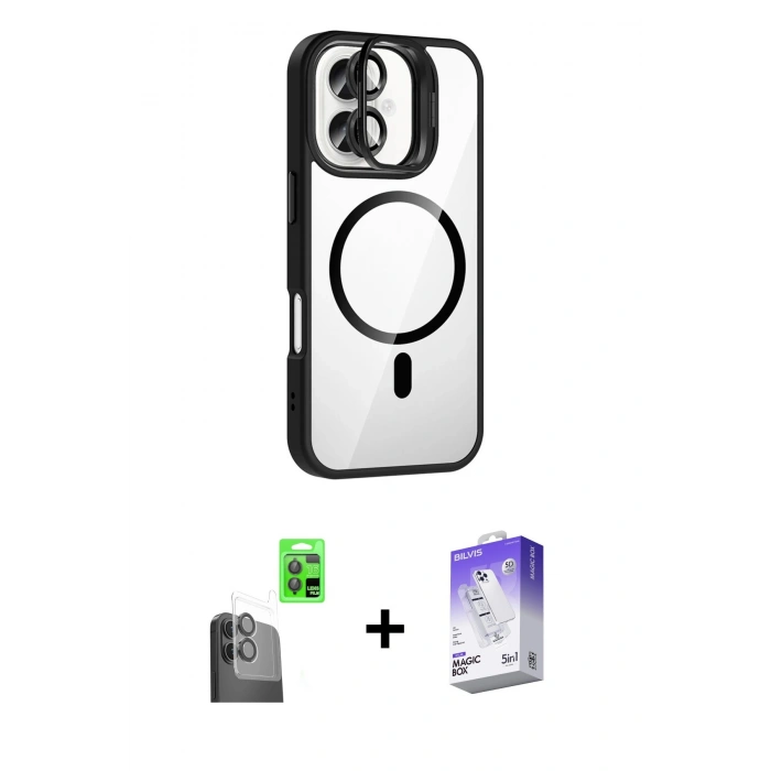 MARSİLYAN™- iPhone 16 Kılıf Yadigar Asil Koleksiyonu - Siyah Bilvis 5in1 3D Magic Cam Ekran Koruyucu + Raze Metal Kamera Lens - SH