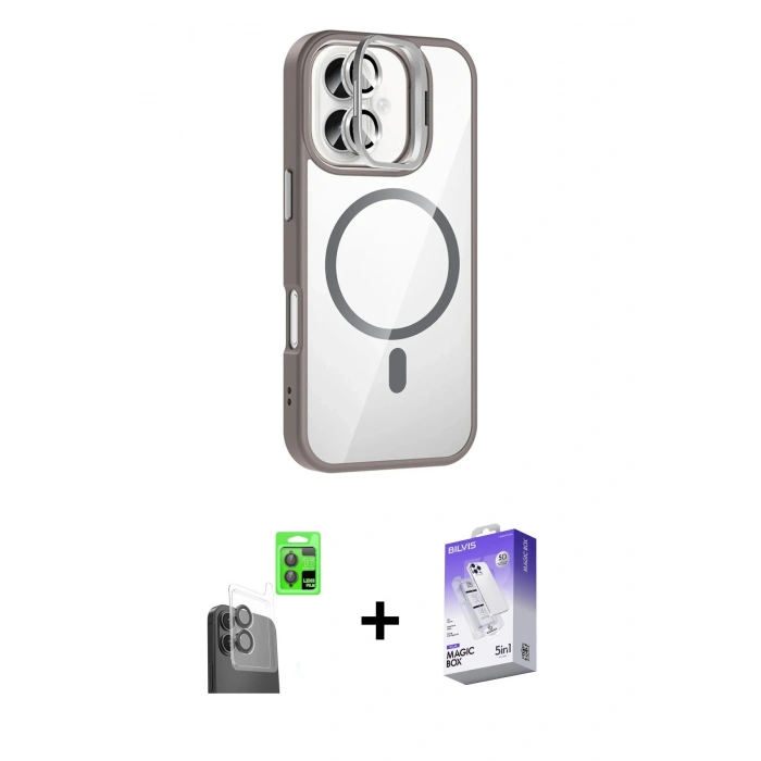 MARSİLYAN™- iPhone 16 Kılıf Yadigar Asil Koleksiyonu - Siyah Bilvis 5in1 3D Magic Cam Ekran Koruyucu + Raze Metal Kamera Lens - SH