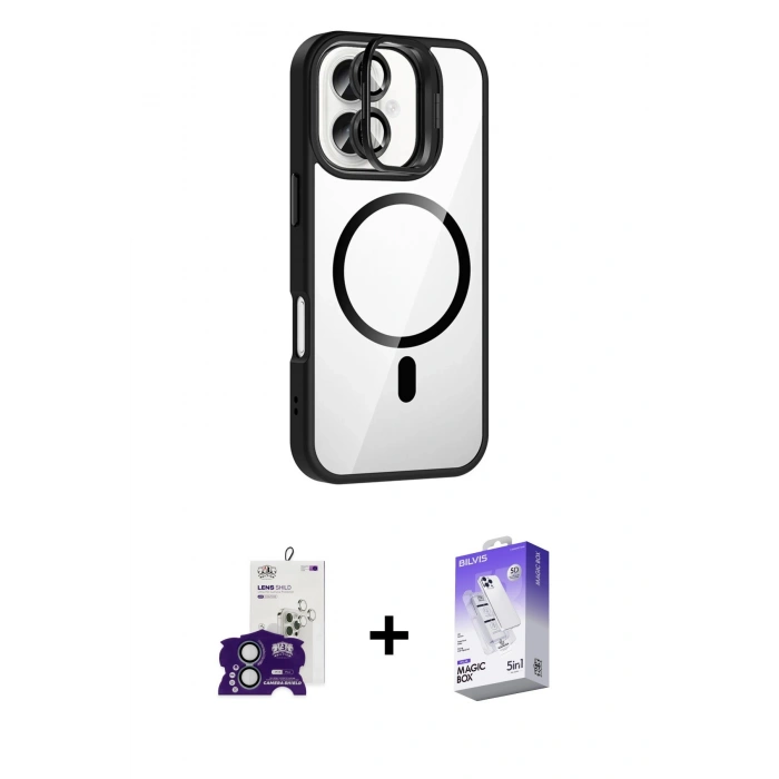 MARSİLYAN™- iPhone 16 Kılıf Yadigar Asil Koleksiyonu - Siyah Bilvis 5in1 3D Magic Cam Ekran Koruyucu + Bilvis Titan Kamera Lens - YL