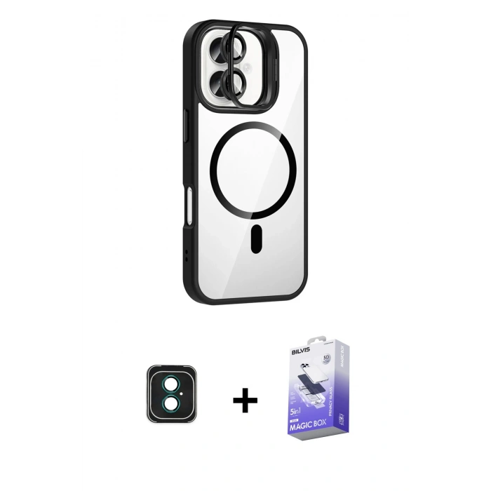 MARSİLYAN™- iPhone 16 Kılıf Yadigar Asil Koleksiyonu - Siyah Bilvis 5in1 5D Magic Hayalet Cam Ekran Koruyucu + PVD Metal Kamera Lens - YL