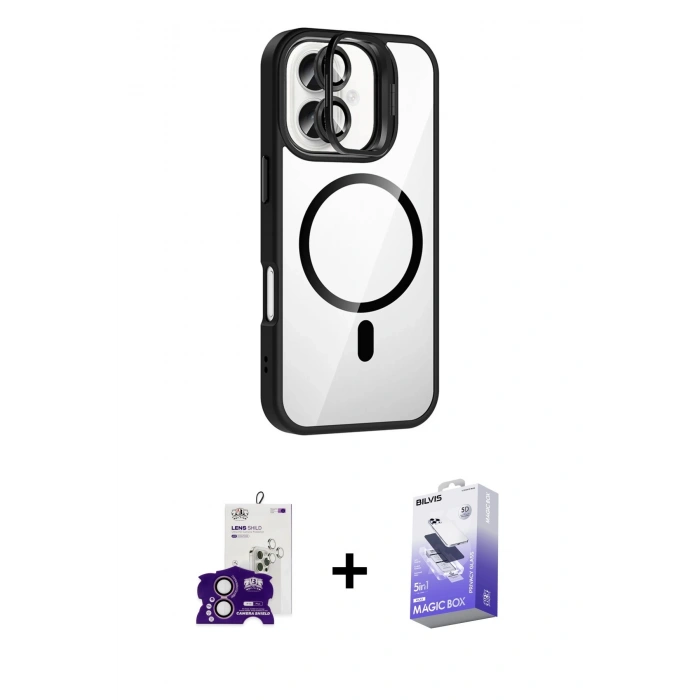 MARSİLYAN™- iPhone 16 Kılıf Yadigar Asil Koleksiyonu - Siyah Bilvis 5in1 5D Magic Hayalet Cam Ekran Koruyucu + Bilvis Titan Kamera Lens - PE
