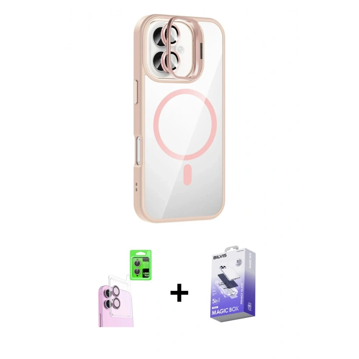 MARSİLYAN™- iPhone 16 Kılıf Yadigar Asil Koleksiyonu - Siyah Bilvis 5in1 5D Magic Hayalet Cam Ekran Koruyucu + Raze Metal Kamera Lens - PE