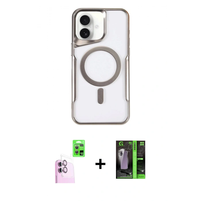 MARSİLYAN™- iPhone 16 Kılıf Yadigar Klasik Özel Seri - Şeffaf 360 Full Body Arka Koruyucu + Pembe Raze Metal Kamera Lens