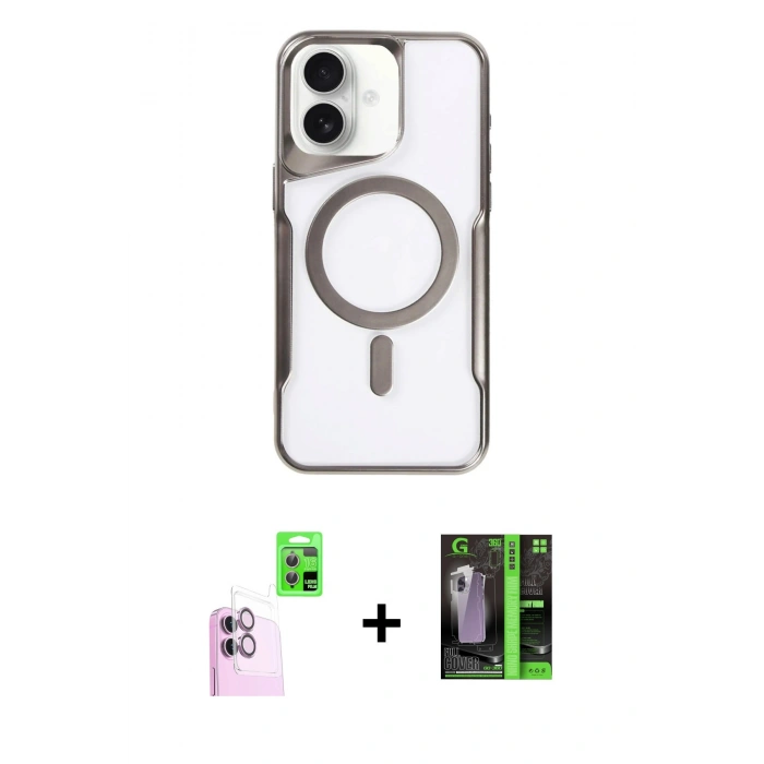 MARSİLYAN™- iPhone 16 Kılıf Yadigar Klasik Özel Seri - Şeffaf 360 Full Body Arka Koruyucu + Pembe Raze Metal Kamera Lens