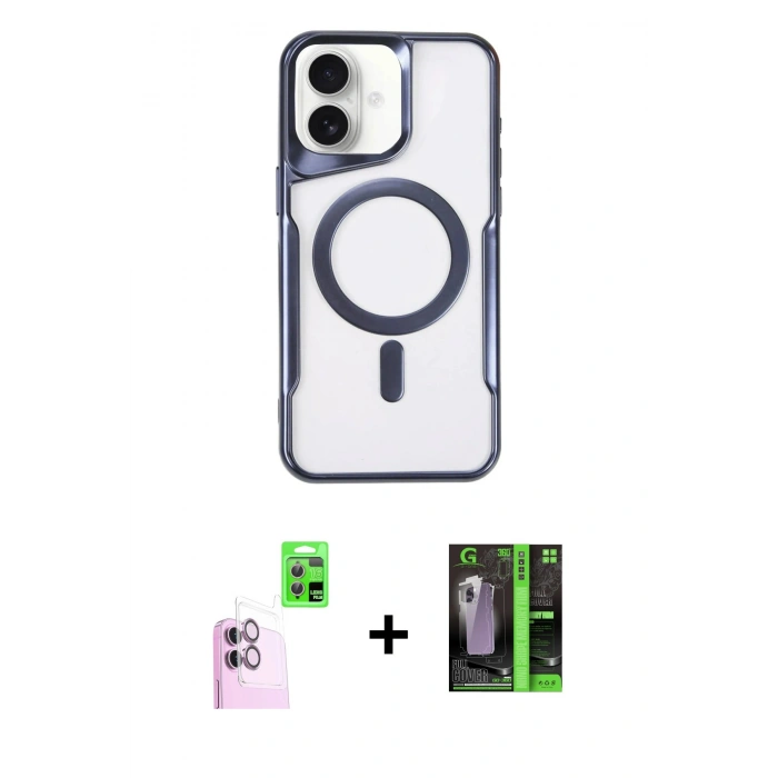 MARSİLYAN™- iPhone 16 Kılıf Yadigar Klasik Özel Seri - Şeffaf 360 Full Body Arka Koruyucu + Pembe Raze Metal Kamera Lens