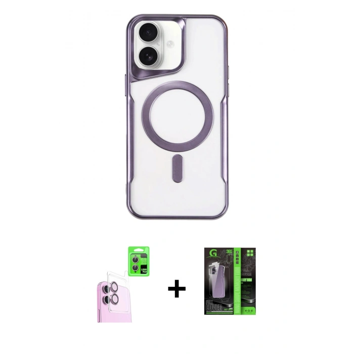 MARSİLYAN™- iPhone 16 Kılıf Yadigar Klasik Özel Seri - Şeffaf 360 Full Body Arka Koruyucu + Pembe Raze Metal Kamera Lens