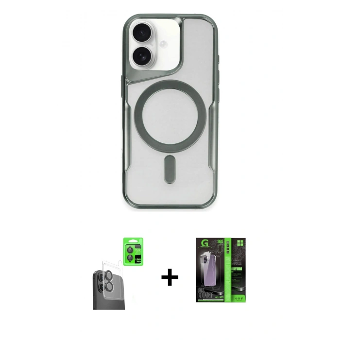 MARSİLYAN™- iPhone 16 Kılıf Yadigar Klasik Özel Seri - Şeffaf 360 Full Body Arka Koruyucu + Siyah Raze Metal Kamera Lens