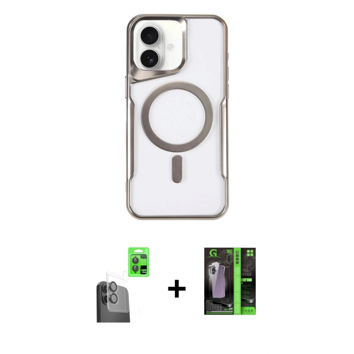 MARSİLYAN™- iPhone 16 Kılıf Yadigar Klasik Özel Seri - Şeffaf 360 Full Body Arka Koruyucu + Siyah Raze Metal Kamera Lens