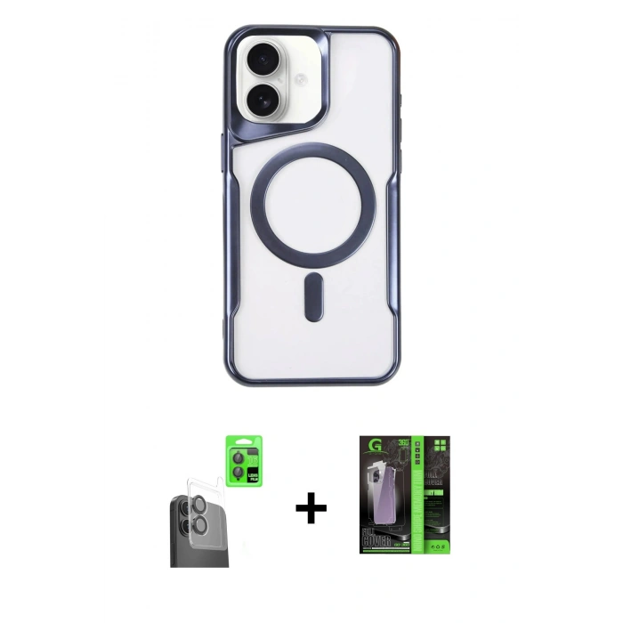 MARSİLYAN™- iPhone 16 Kılıf Yadigar Klasik Özel Seri - Şeffaf 360 Full Body Arka Koruyucu + Siyah Raze Metal Kamera Lens