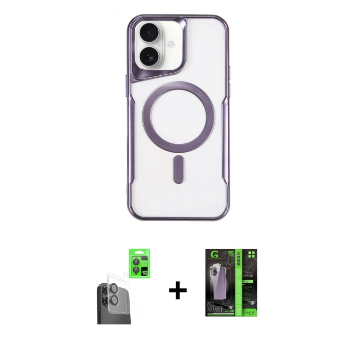 MARSİLYAN™- iPhone 16 Kılıf Yadigar Klasik Özel Seri - Şeffaf 360 Full Body Arka Koruyucu + Siyah Raze Metal Kamera Lens