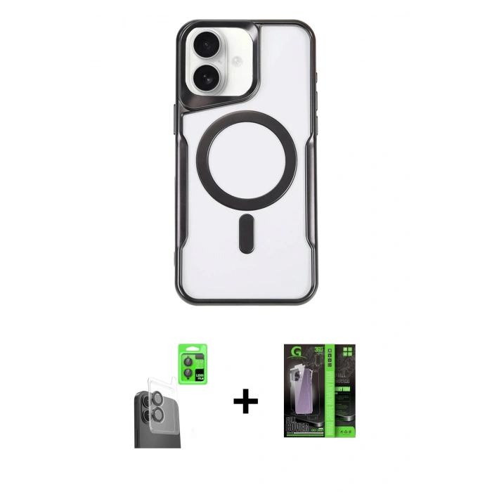MARSİLYAN™- iPhone 16 Kılıf Yadigar Klasik Özel Seri - Şeffaf 360 Full Body Arka Koruyucu + Siyah Raze Metal Kamera Lens