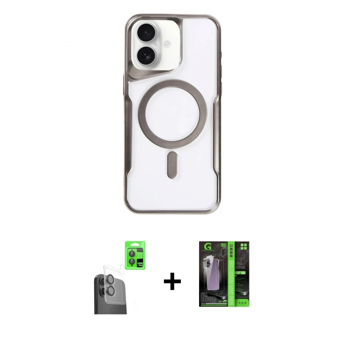 MARSİLYAN™- iPhone 16 Kılıf Yadigar Klasik Özel Seri - Şeffaf 360 Full Body Arka Koruyucu + Siyah Raze Metal Kamera Lens