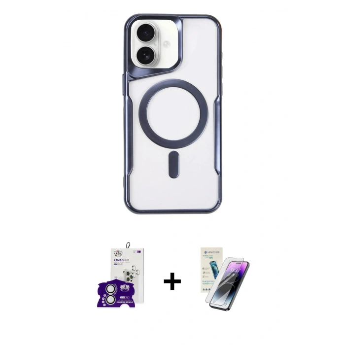 MARSİLYAN™- iPhone 16 Kılıf Yadigar Klasik Özel Seri - Şeffaf Pasifik Cam Ekran Koruyucu + Gümüş Bilvis Titan Kamera Lens