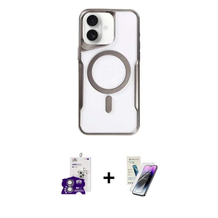 MARSİLYAN™- iPhone 16 Kılıf Yadigar Klasik Özel Seri - Şeffaf Pasifik Cam Ekran Koruyucu + Gümüş Bilvis Titan Kamera Lens