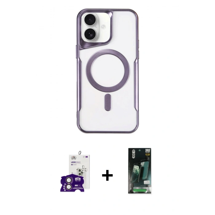 MARSİLYAN™- iPhone 16 Kılıf Yadigar Klasik Özel Seri - Siyah 360 Mat Full Body Arka Koruyucu + Pembe Bilvis Titan Kamera Lens