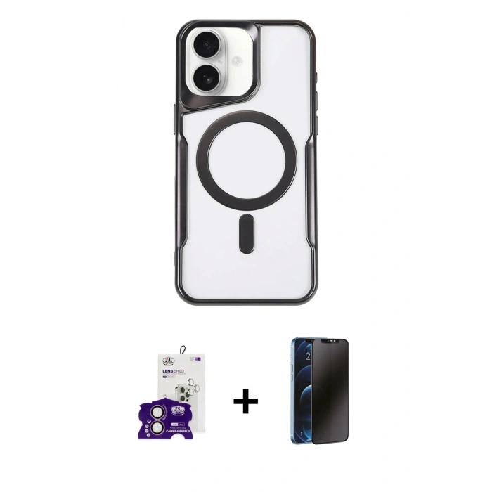 MARSİLYAN™- iPhone 16 Kılıf Yadigar Klasik Özel Seri - Siyah 3D Antistatik Hayalet Cam Ekran Koruyucu + Bilvis Titan Kamera Lens - PE