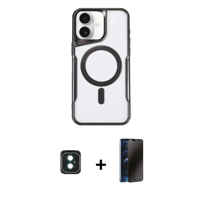 MARSİLYAN™- iPhone 16 Kılıf Yadigar Klasik Özel Seri - Siyah 3D Antistatik Hayalet Cam Ekran Koruyucu + PVD Metal Kamera Lens - YL