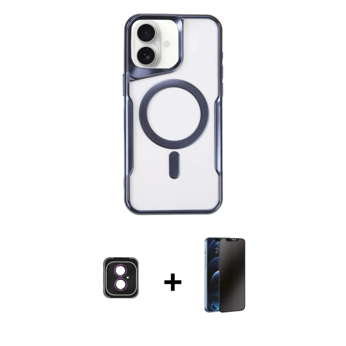 MARSİLYAN™- iPhone 16 Kılıf Yadigar Klasik Özel Seri - Siyah 3D Antistatik Hayalet Cam Ekran Koruyucu + PVD Metal Kamera Lens - PE