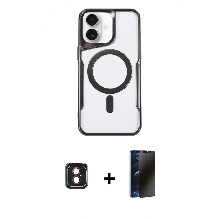 MARSİLYAN™- iPhone 16 Kılıf Yadigar Klasik Özel Seri - Siyah 3D Antistatik Hayalet Cam Ekran Koruyucu + PVD Metal Kamera Lens - PE