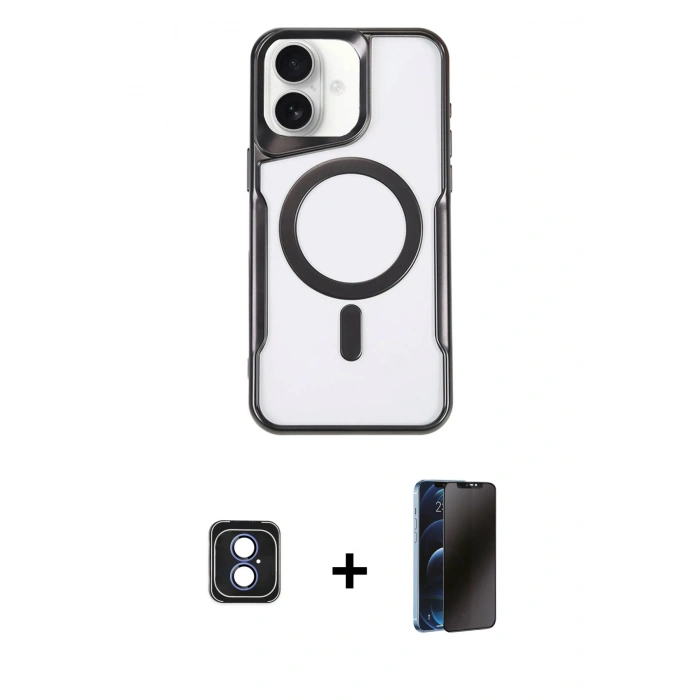 MARSİLYAN™- iPhone 16 Kılıf Yadigar Klasik Özel Seri - Siyah 3D Antistatik Hayalet Cam Ekran Koruyucu + PVD Metal Kamera Lens - MI