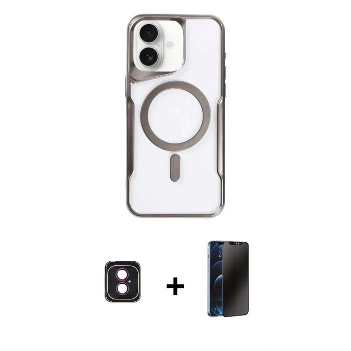 MARSİLYAN™- iPhone 16 Kılıf Yadigar Klasik Özel Seri - Siyah 3D Antistatik Hayalet Cam Ekran Koruyucu + PVD Metal Kamera Lens - PE