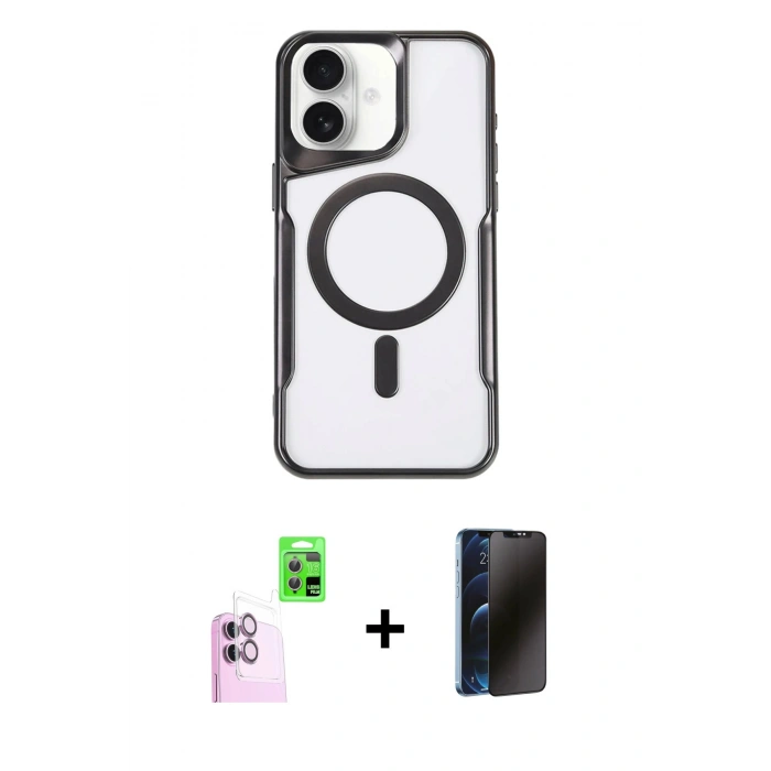 MARSİLYAN™- iPhone 16 Kılıf Yadigar Klasik Özel Seri - Siyah 3D Antistatik Hayalet Cam Ekran Koruyucu + Raze Metal Kamera Lens - PE