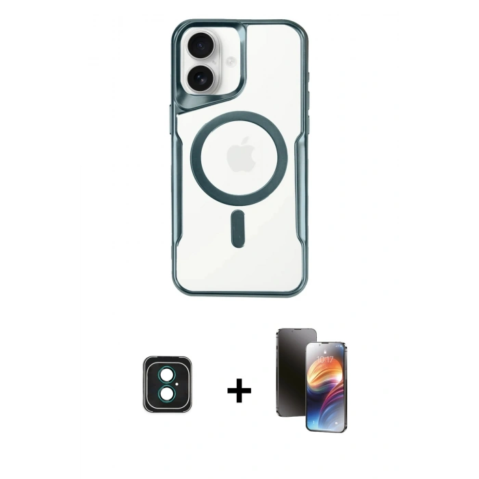 MARSİLYAN™- iPhone 16 Kılıf Yadigar Klasik Özel Seri - Siyah 3D Antistatik Mat Seramik Nano Ekran Koruyucu + Yeşil PVD Metal Kamera Lens