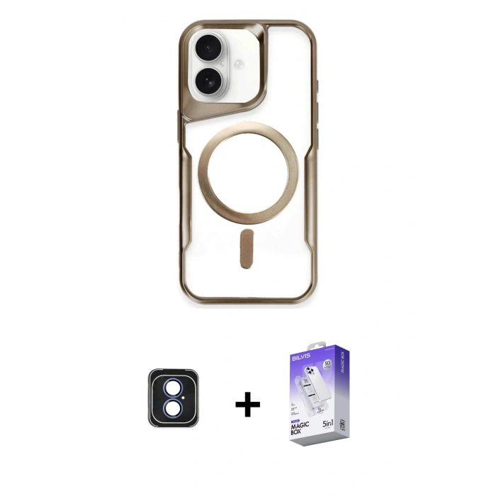 MARSİLYAN™- iPhone 16 Kılıf Yadigar Klasik Özel Seri - Siyah Bilvis 5in1 3D Magic Cam Ekran Koruyucu + Mavi PVD Metal Kamera Lens